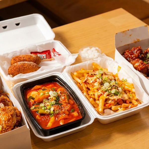 Assortment of Korean fried chicken, tteokbokki, fries, and corn dogs in takeout containers on a wooden table.