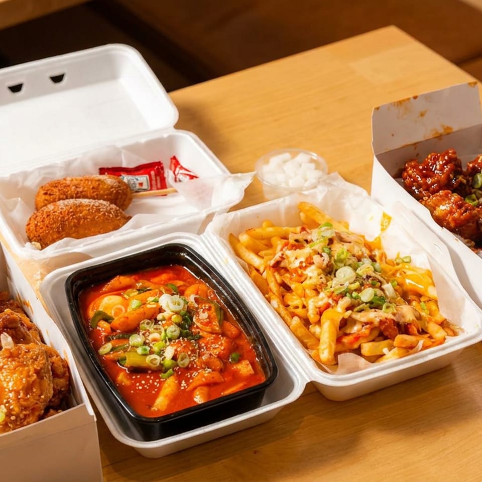 Assortment of Korean fried chicken, tteokbokki, fries, and corn dogs in takeout containers on a wooden table.