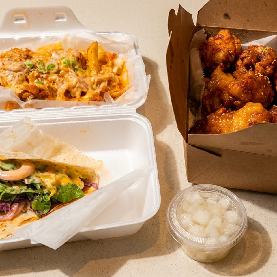 Takeout containers filled with cheesy fries, a taco, and Korean fried chicken, with a side of pickled radish.