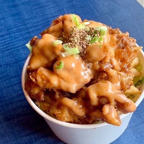 Crispy chicken and fries drizzled with sauce, sesame seeds, and green onions in a white cup.